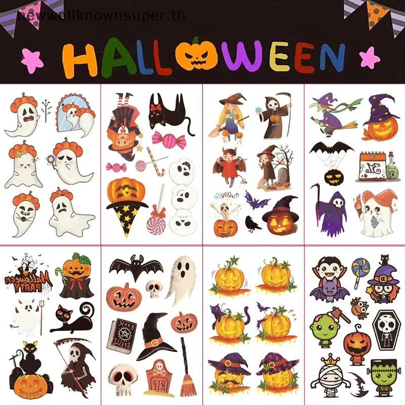 ใหม่ 8 แผ่นฮาโลวีน Ghost ชั่วคราว Tattoo สติกเกอร์สยองขวัญริมฝีปากค้างคาวฟักทอง Candy Tattoos สติกเกอร์กันน้ําตลกสําหรับของขวัญเด็ก SUPER