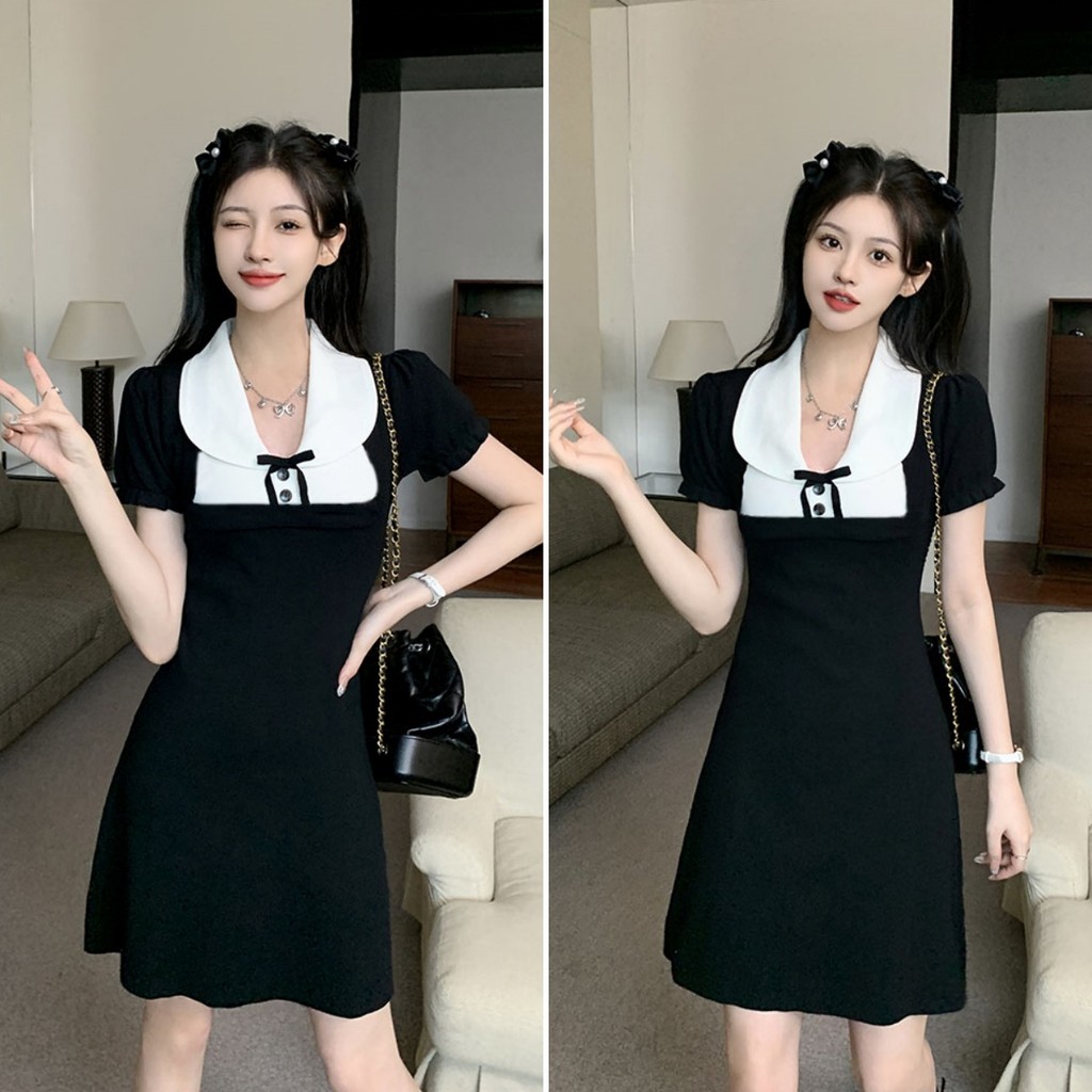 Betty house พร้อมส่ง ชุดเดรสผู้หญิง เดรสสั้น ดีไซน์แขนพัฟแขนสั้น ชุดดำ แต่งโบว์ หวานและน่ารัก