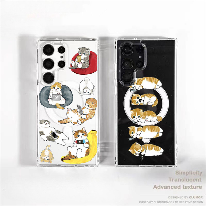 น่ารักความบันเทิง MOFUSAND ขนมแมว Hard ถุงลมนิรภัยกันกระแทกเคสแม่เหล็กสําหรับ Samsung S24 Ultra S24 S23 Plus/Ultra S22 S21 FE Anti-Slip กันกระแทกฝาครอบโปร่งใส
