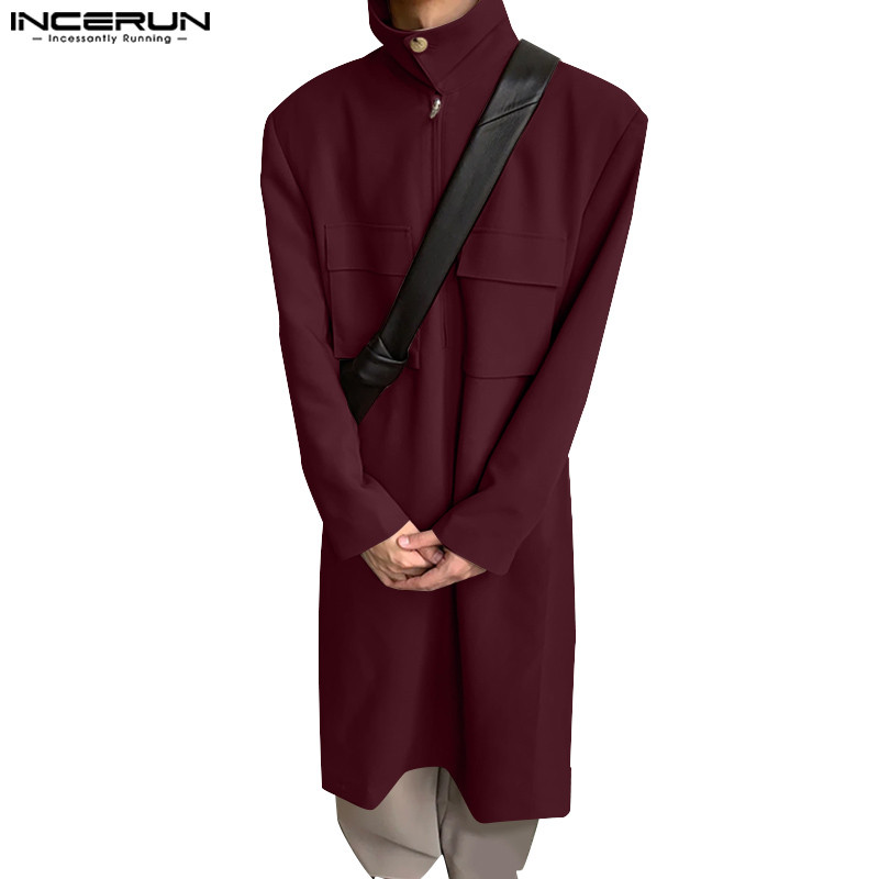 Incerun ผู้ชายเกาหลี Casual Modern Minimalist กระเป๋าสีทึบ Trench Coats