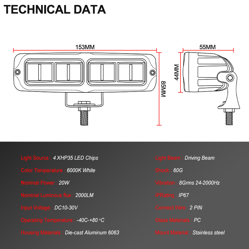 2PCS 6 inch LED Light Bar 6D 20W   Driving Light Fog Lamp Work Light