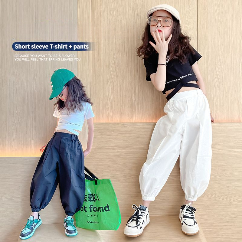 G irls 'ฤดูร้อนชุดสตรีพืชเสื้อยืดเด็กแจ๊สแดนซ์ประสิทธิภาพเสื้อยืดกางเกงทรงหลวม CUHK เด็กรันเวย์สวมใส่ g irls' เสื้อผ้า