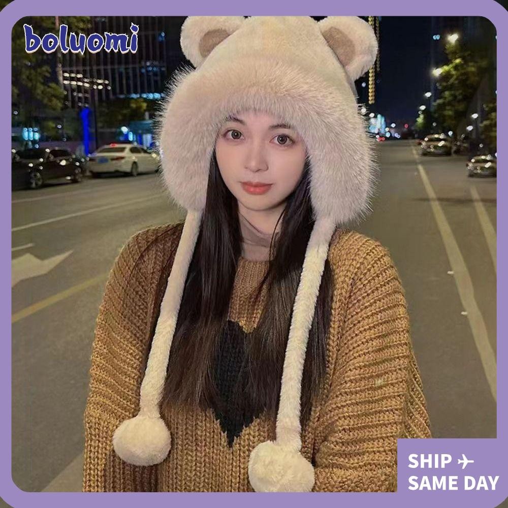 【⚡เวลาจำกัดราคาต่ำ】โบลูโอมิ หมวกฤดูหนาว, ผ้าขนสัตว์กํามะหยี่ซับหมวกกันลม, แฟชั่นป้องกันหูน่ารักหมีหูถังหมวกผู้หญิง