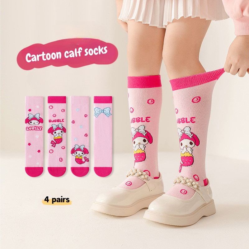 SANRIO ทํานอง ที่รัก ถุงเท้าข้อกลาง 4 คู่สาวน่ารัก ซานริโอ การ์ตูนถุงเท้าลูกวัวเด็กสไตล์วิทยาลัยถุงเท้าผ้าฝ้าย