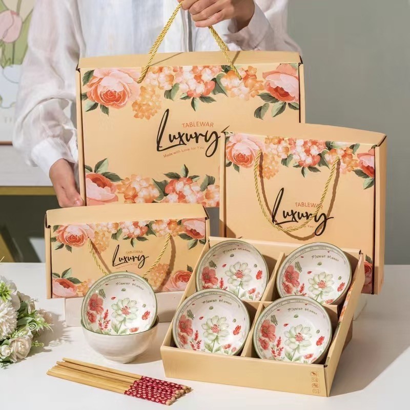 ⚡⚡ชุดของรับไหว้ ชุดของขวัญ ถ้วยชามเซรามิก SET 4 พร้อมตะเกียบ ลายสวยๆ⚡⚡