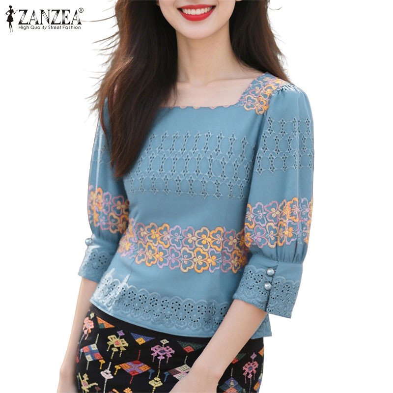 ZANZEA เสื้อเบลาส์พิมพ์ลายคอสี่เหลี่ยม 3/4 สำหรับผู้หญิง