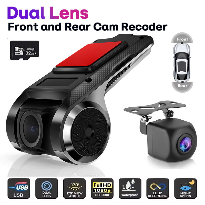 USB Car DVR ADAS Dashcam Dual Lens ด้านหน้าและด้านหลัง Cam Recoder สําหรับวิทยุติดรถยนต์ Android