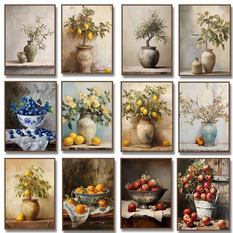 หม้อโบราณมะนาวต้นไม้ภาพวาดสีน้ํามันบนผ้าใบมะกอกต้นไม้ผลไม้แอปเปิ้ลโปสเตอร์ยังคงชีวิตศิลปะวินเทจพืชสไตล์ผนังตกแต่งบ้าน