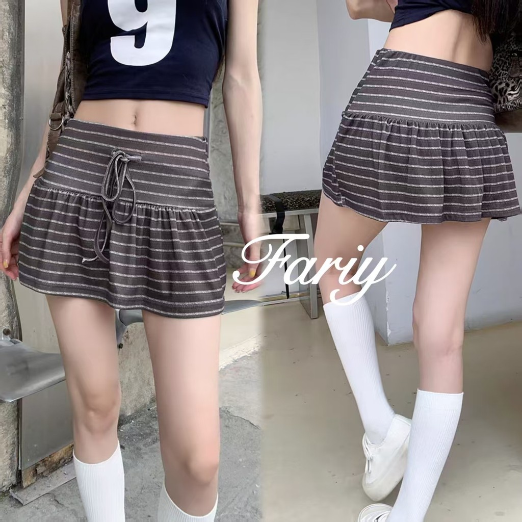 Fariy🍒คลังสินค้าพร้อม🍒 กางเกงเซฟตี้ในตัว สีน้ำตาล เชือกผูกเอว แถบกว้าง สัญลักษณ์สะท้อนแสง กระโปรงลายทาง สาวฮอต