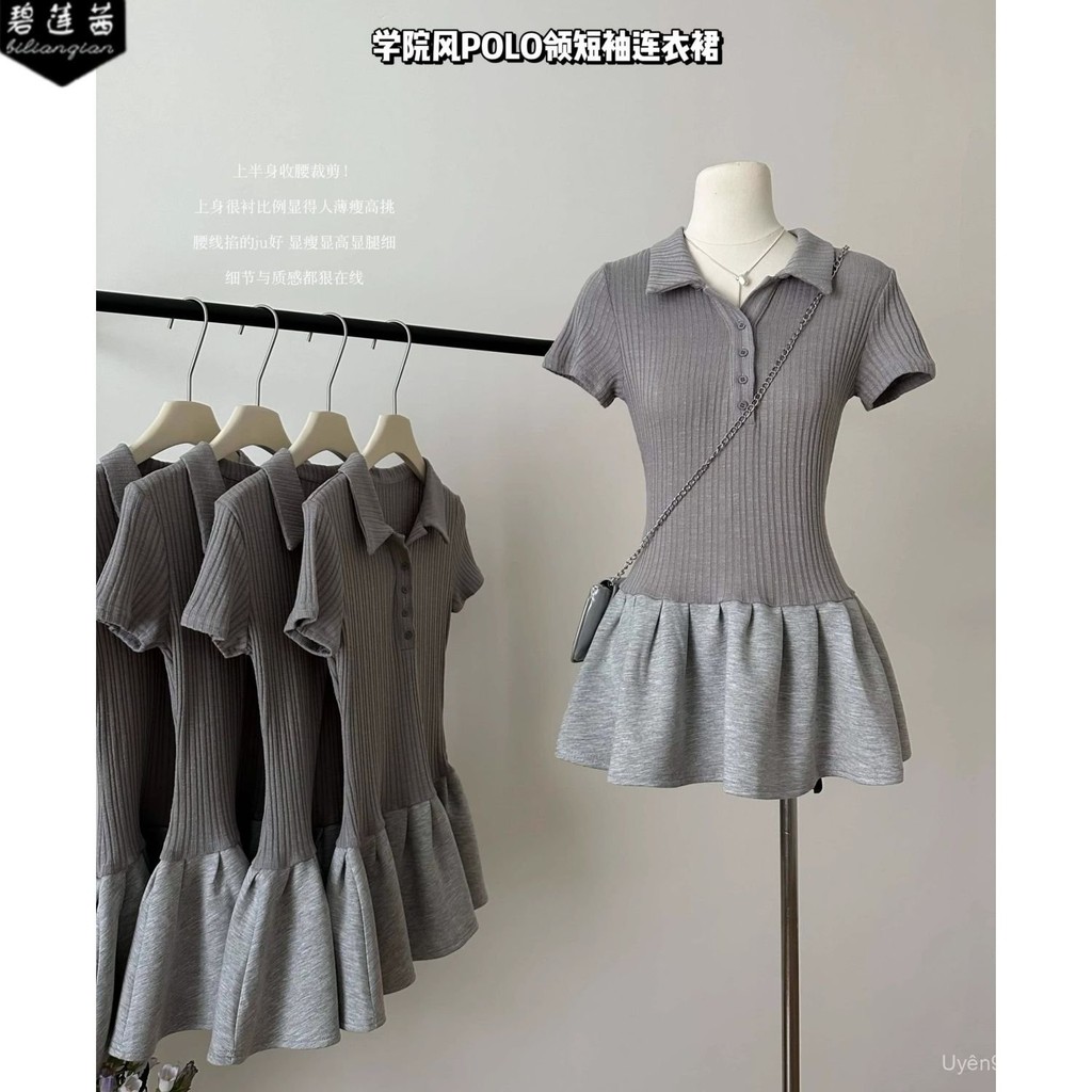 [KPI1]เดรสสั้นสไตล์โรงเรียนอเมริกัน คอโปโลสีเทา Bilianxi กระโปรงพลีท เอวบาง