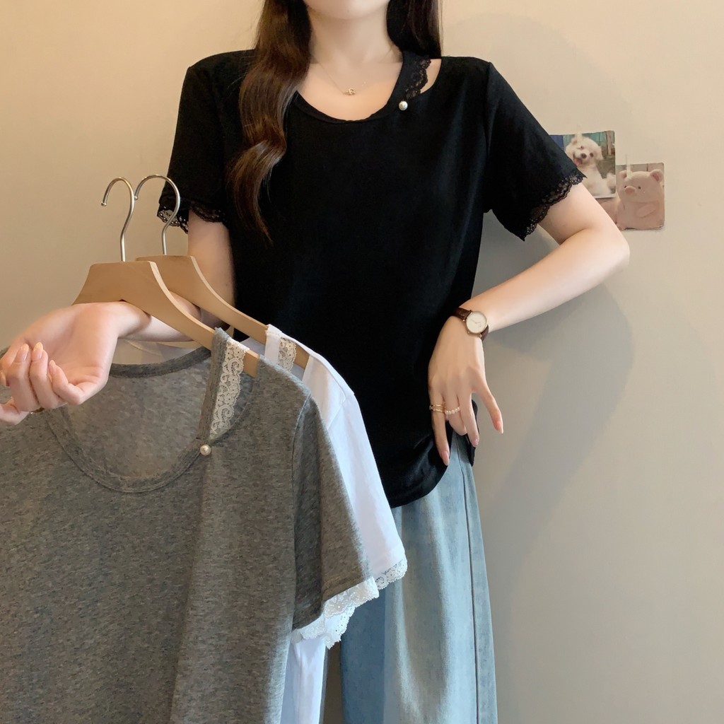 พลัสขนาดผู้หญิงเกาหลีรุ่นแฟชั่น U-คอ Hollow Design Feel หลวม Slimmer ดูลูกไม้เย็บแขนสั้นเสื้อยืด 7AM