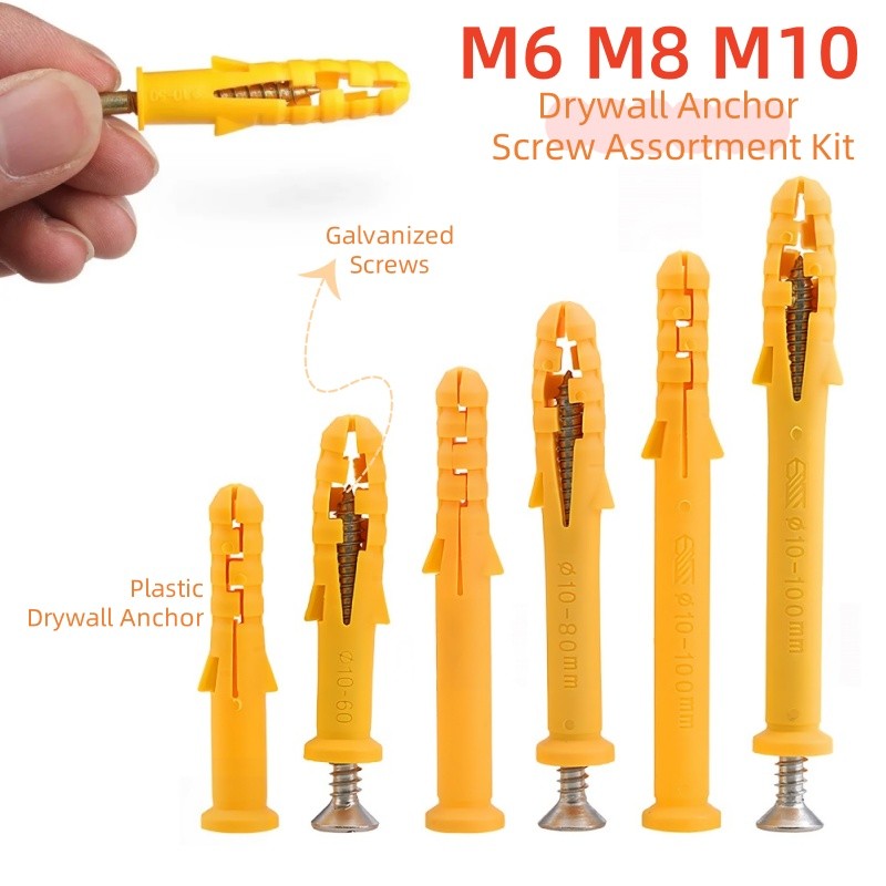 Drywall Anchor & Screw Assortment Kit M6 M8 M10 สังกะสีสกรูเจาะตัวเองพร้อม Ribbed Drywall และ Wall A