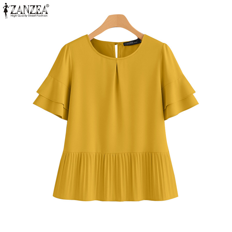 ZANZEA เสื้อเบลาส์แขนสั้นใบบัวลําลองผู้หญิงเกาหลี