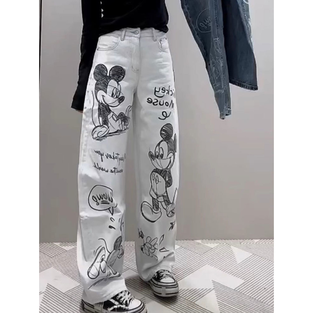 การ์ตูน Mickey Graffiti Off-White กางเกงยีนส์ตรงผู้หญิง แฟชั่นฤดูใบไม้ผลิ ทรงกระชับหุ่น