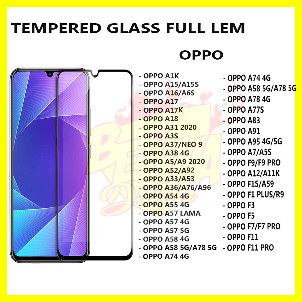 TEMPERED GLASS FULL GLUE OPPO A5i PRO A78 4G A77S A83 A91 A95 4G/5G A7 A5S F9 F9PRO A12 A11K F1S A59