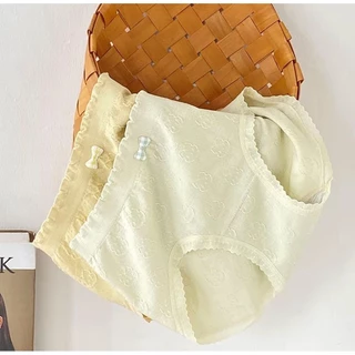 🌿SHOP_MKL🌿กางเกงในผ้าทอ เอวต่ำไร้รอยต่อ ผ้านุ่มยืดหยุ่นใส่สบาย มีโบว์น่ารักๆ แต่งขอบ สีพาลเทล #213