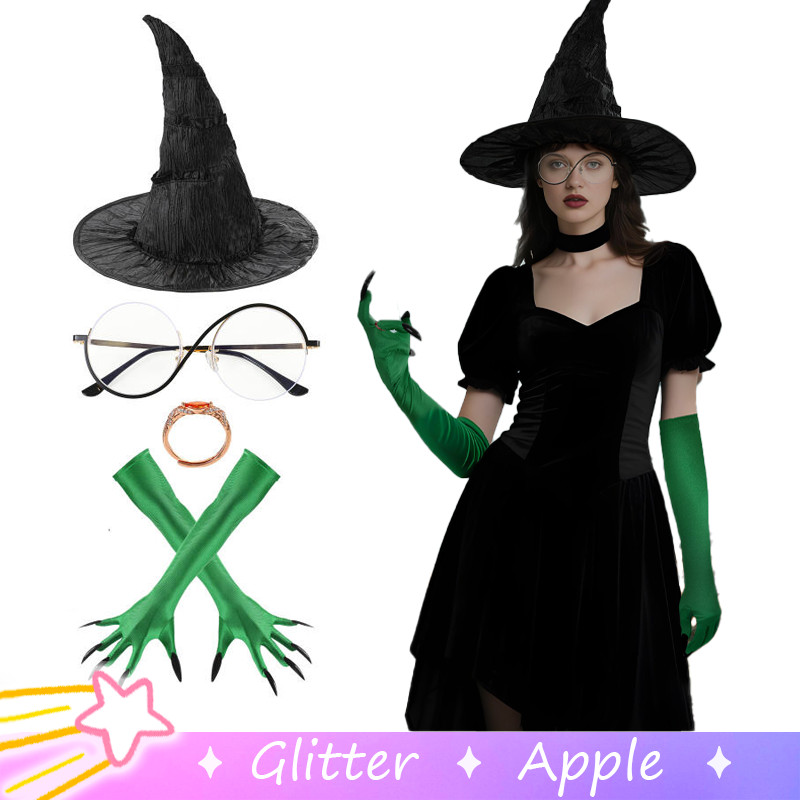 หมวกและอุปกรณ์แต่งตัวแม่มด Elphaba สีดำและเขียว พร้อมเล็บและแว่นตา สำหรับคอสเพลย์ฮาโลวีน