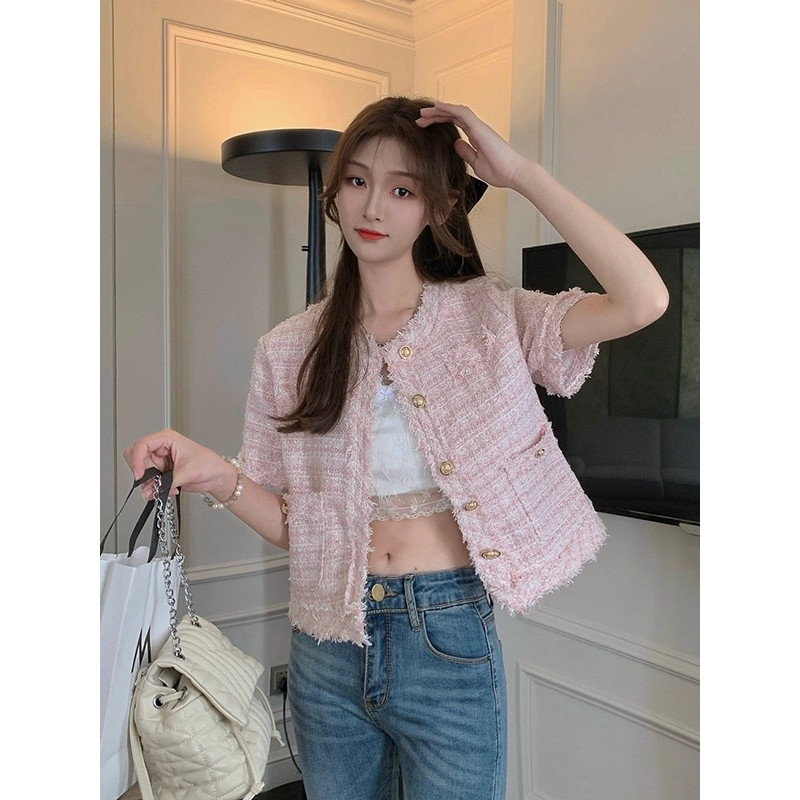 ผู้หญิง สีชมพู แขนสั้น แจ็คเก็ต พ็อกเก็ต มีกระเป๋า เสื้อทวิต คาร์ดิแกน กระดุม เบลเซอร์ สไตล์เกาหลี 2XL