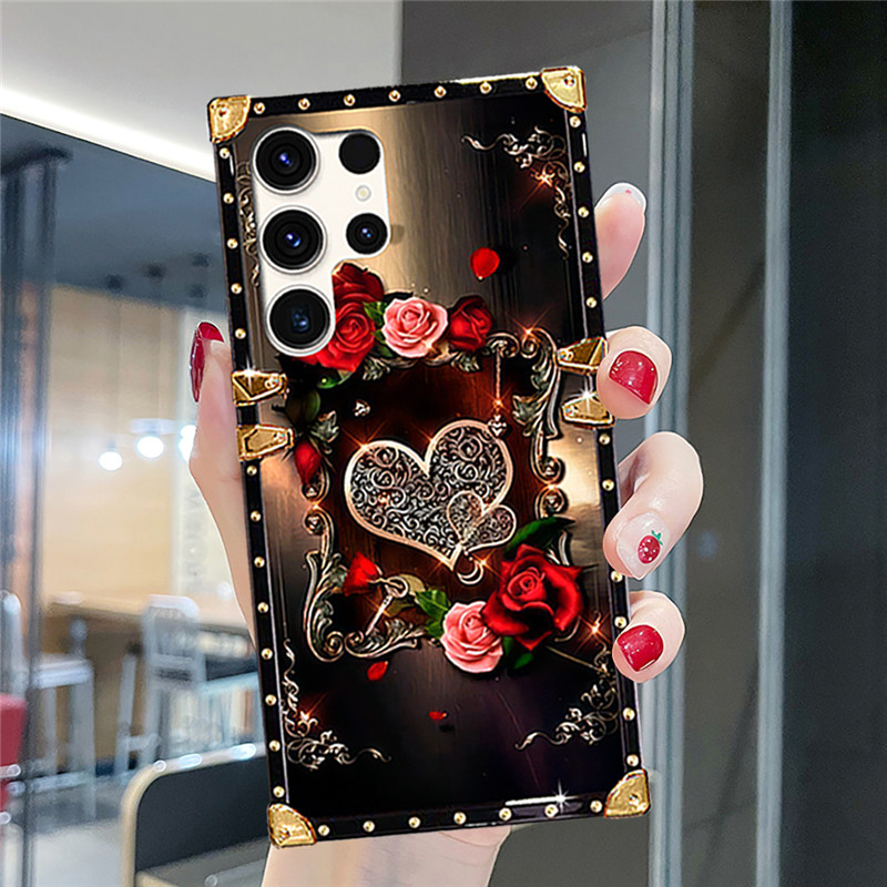 SAMSUNG ปลอกSamsung A36 A56 A26 A16 A06 A55 A35 A25 A15 A14 A23 A53 A73 A52 A12 A31 A51 A71 แฟชั่นรักสีแดงกุหลาบดอกไม้รูปแบบกันกระแทกเคสโทรศัพท์เปลือกสี่เหลี่ยม