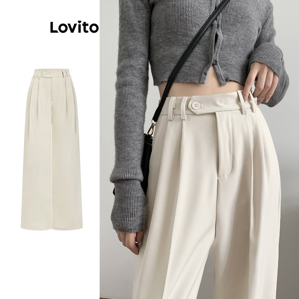 Lovito กางเกงขายาวผู้หญิง มีกระดุม มีซิป เบสิก สีพื้น สไตล์ลำลอง L100MD418