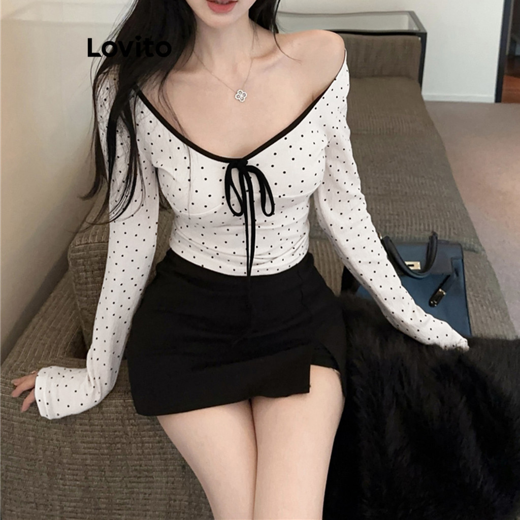 (Trendy) Lovito เสื้อยืดลําลอง ลายจุดโบว์สีตัดกันการผูกมัดฤดูร้อน/ฤดูใบไม้ผลิเสื้อยืดสําหรับผู้หญิง 