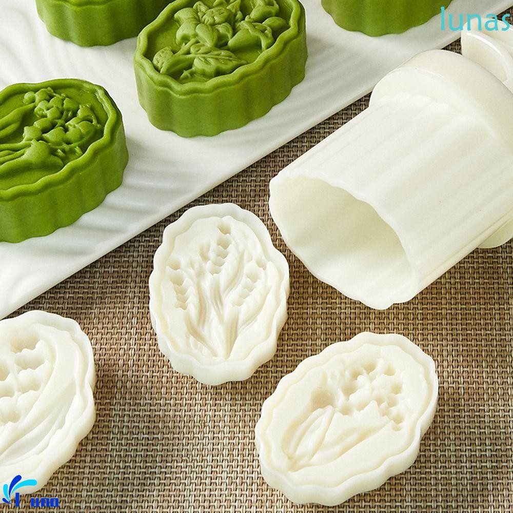LUNASOL Lilies of The Valley แม่พิมพ์ขนมไหว้พระจันทร์, พลาสติกมือกดขนมไหว้พระจันทร์ Mould, สไตล์จีนสีขาว Maamoul รูปแบบ 50g แม่พิมพ์แสตมป์นูนขนมหวาน