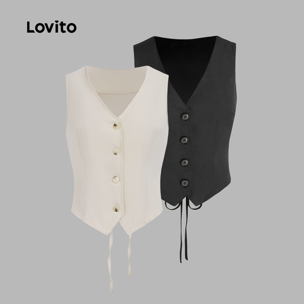 Lovito เสื้อกล้ามลําลองเสื้อกล้ามผูกเชือกสีพื้นสําหรับผู้หญิง L67AD041 (สีดํา)