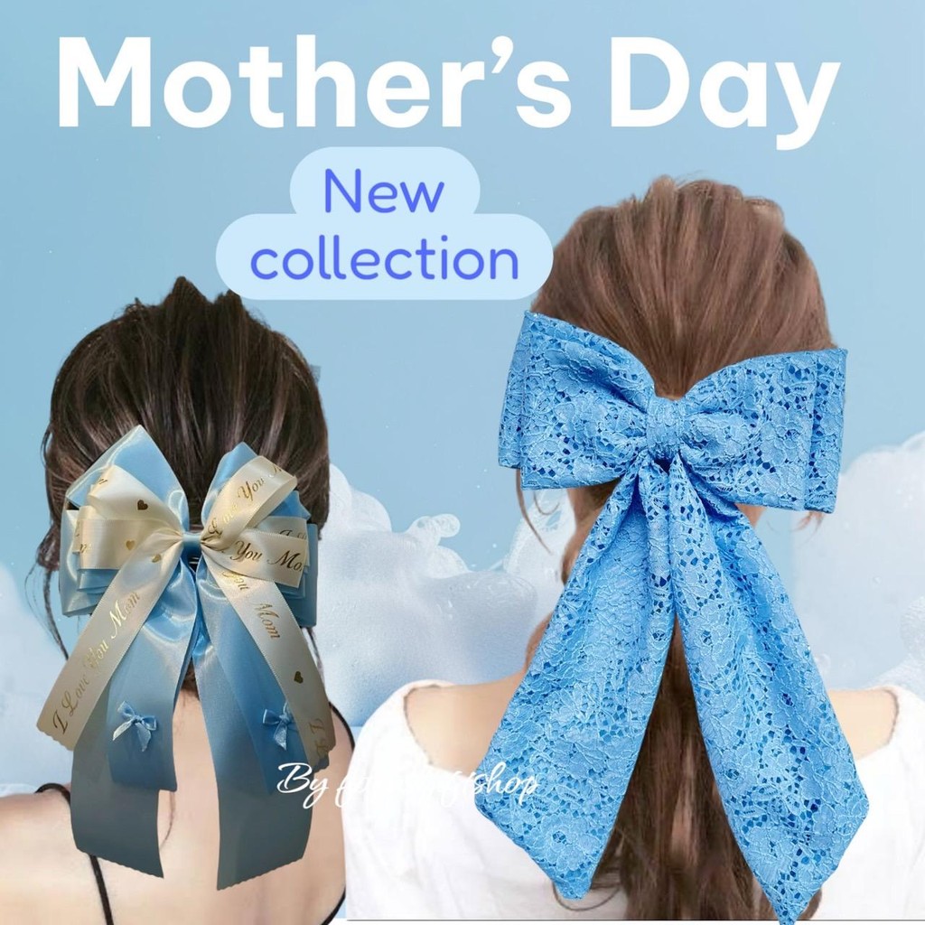 เน็ตผม By focusgiftshop โบว์สีฟ้า กิ๊บติดผม สีฟ้า วันแม่ ริบบิ้นโบว์ Mom