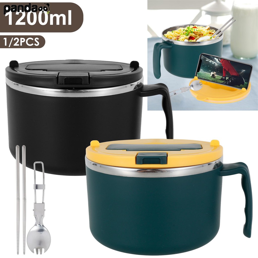 1200ml ชามมาม่า ชามก๋วยเตี๋ยว พร้อมฝาปิด ช้อน ตะเกียบ ชามราเมน ฝาใช้เป็นที่วางมือถือได้ กรองได้