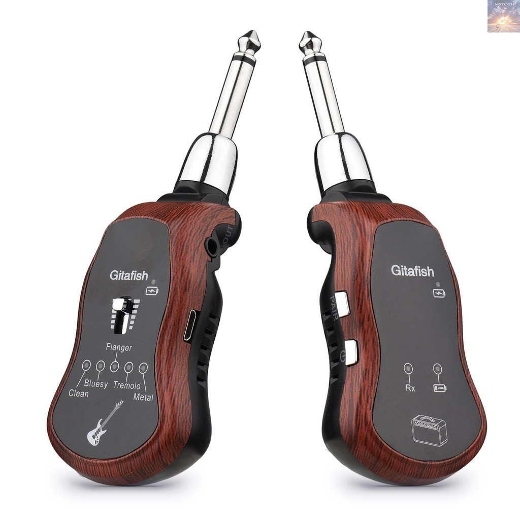 เครื่องส่งสัญญาณระบบไร้สายกีต้าร์ UHF แบบพกพา + ตัวรับสัญญาณ 10 ช่องในตัว 5 เอฟเฟกต์ (สะอาด/บลูซี่/ห