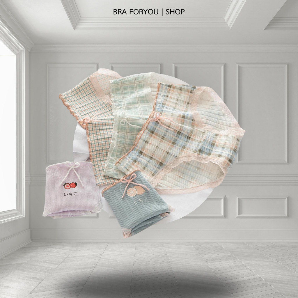 Bra Foryou กางเกงชั้นในลายสก็อตผลไม้ สไตล์ญี่ปุ่น เอวกลางผ้าฝ้ายแท้ สำหรับผู้หญิง (2809) เสื้อผ้าผู้หญิง