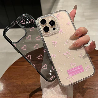 เคส iPhone 16 Pro Max iPhone 11 เคสใสแบบแวววาว TPU นุ่มสีสันสดใส หัวใจและโบว์สีชมพูน่ารัก Compatible iPhone15