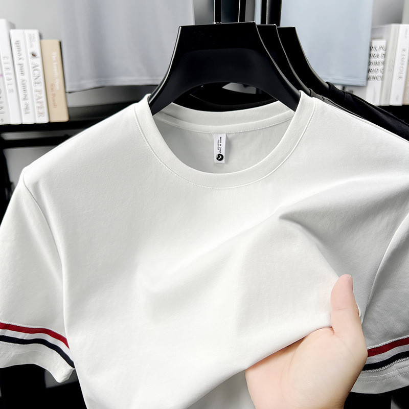 ฤดูร้อนสีทึบผ้าฝ้ายรอบคอผู้ชายแขนสั้นริบบิ้นสไตล์หลวมแขนสั้นผู้ชาย Non-Iron Breathable เสื้อยืดผู้ชา