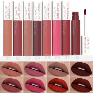 DUNUF 8 สีใช้งานง่าย Velvet Matte Lip Glaze กันน้ํา Lasting Liquid ลิปสติกสีแดงสีน้ําตาล Non Stick Cup Matte Lip Gloss เครื่องสําอาง