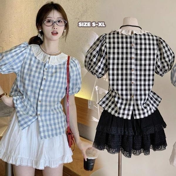 mimi&didi#เสื้อผ้าผู้หญิง สไตล์ฝรั่งเศสหวาน ใส่ด้านหน้าและด้านหลัง คอปกลูกไม้ แขนสั้น เสื้อเชิ้ตลายสก๊อต#99129