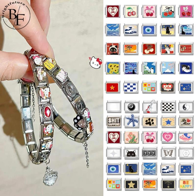 สร้อยข้อมือสแตนเลส 9 มม. ลายดอกไม้อิตาเลียน charm เหมาะสำหรับการแต่งกายแบบเรโทร เพิ่มบุคลิกภาพ