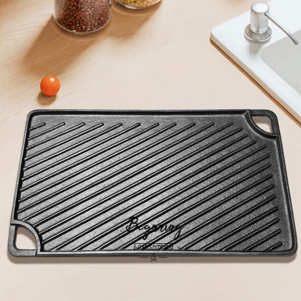 ᲦBE 16.5X9.5 นิ้วเหล็กหล่อย่างแผ่น Reversible Griddle Pan สี่เหลี่ยมผืนผ้า Skillet สําหรับแก๊สเตาตั้