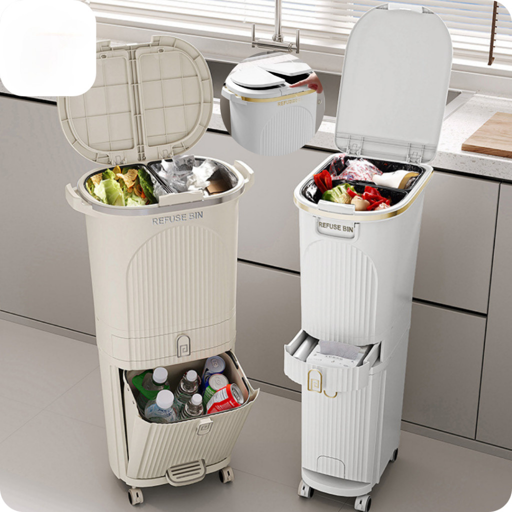 50L 3-ZONE FOOT PEDAL TRASH CAN | Tong Sampah Besar Kapasiti Tinggi (สีขาว/ครีม) - ซีลล็อคกลิ่น, ล้อ