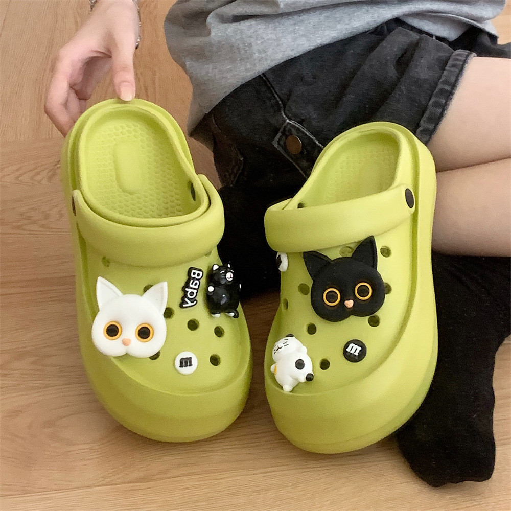 Xixitiaoฉี่ สบายๆน่ารักสีดําสีขาวลูกแมวสวมใส่กลางแจ้งฤดูร้อนรองเท้าแตะรองเท้าแตะสุภาพสตรี