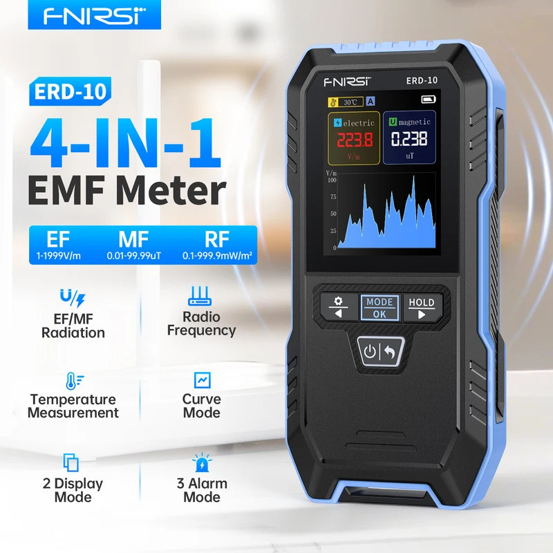 FNIRSI ERD-10 เครื่องตรวจจับรังสีแม่เหล็กไฟฟ้า 4-IN-1, ความแรงของสนามไฟฟ้าและแม่เหล็ก, พลังงาน RF, เครื่องวัดอุณหภูมิ
