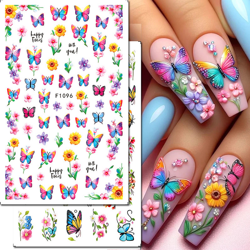 ฤดูใบไม้ผลิสายรุ้ง 3D สติกเกอร์เล็บ Butterflies Blossom สีเหลือง Daisy ดอกไม้สีม่วง DIY เล็บ Decals สําหรับตกแต่งเล็บ