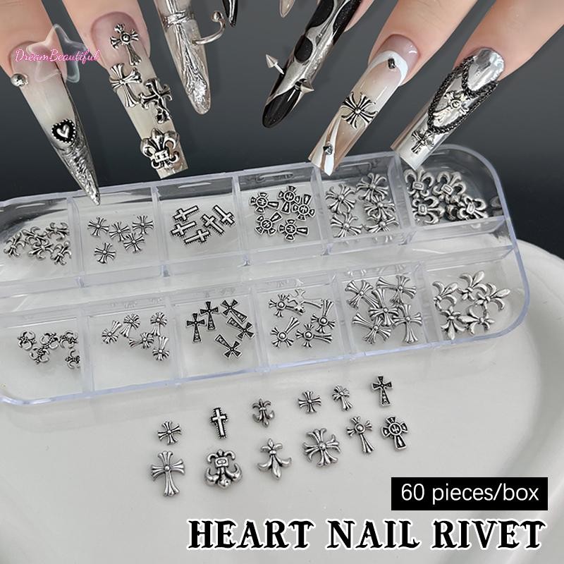 <DBFl-t> 60 ชิ้น/12 กริดผสม 3D Punk Silver Heart CROSS โลหะเล็บตกแต่งเล็บ Retro การออกแบบที่แตกต่างกัน CROSS Nails Art Charms ใหม่