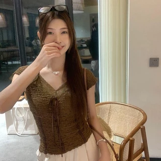 เสื้อแขนสั้น ฤดูร้อน ผู้หญิง สลิม เสื้อยืด ลูกไม้ขึ้น คอวีเสื้อตัวบนและเสื้อเชิ้ต