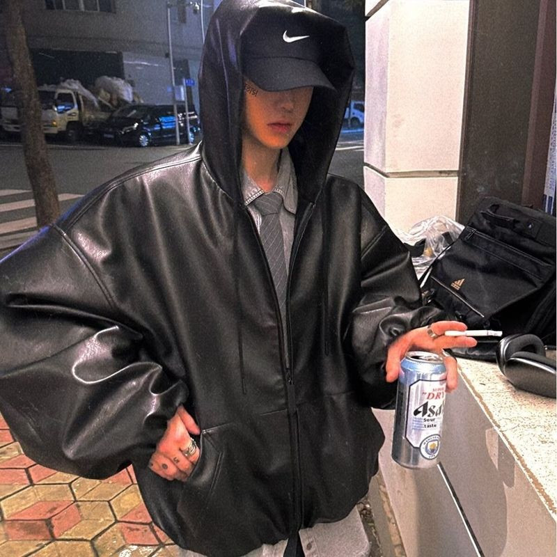 เสื้อแจ็คเก็ตหนังมีฮู้ดทรงหลวมสำหรับผู้ชาย สไตล์-clean-fit เหมาะสำหรับฤดูใบไม้ผลิและฤดูใบไม้ร่วง