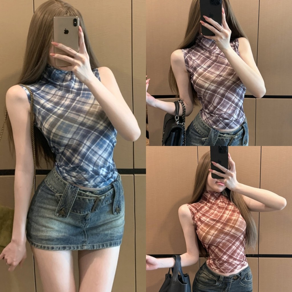 🍊Evelyn🍊เสื้อกล้าม ผู้หญิง คอสูง ผ้าใส่สบาย มินิมอลสไตล์ ดีเทลลายสก็อต สีพาสเท เสื้อแขนกุด แฟชั่น ส่งจากไทย ใส่สบาย
