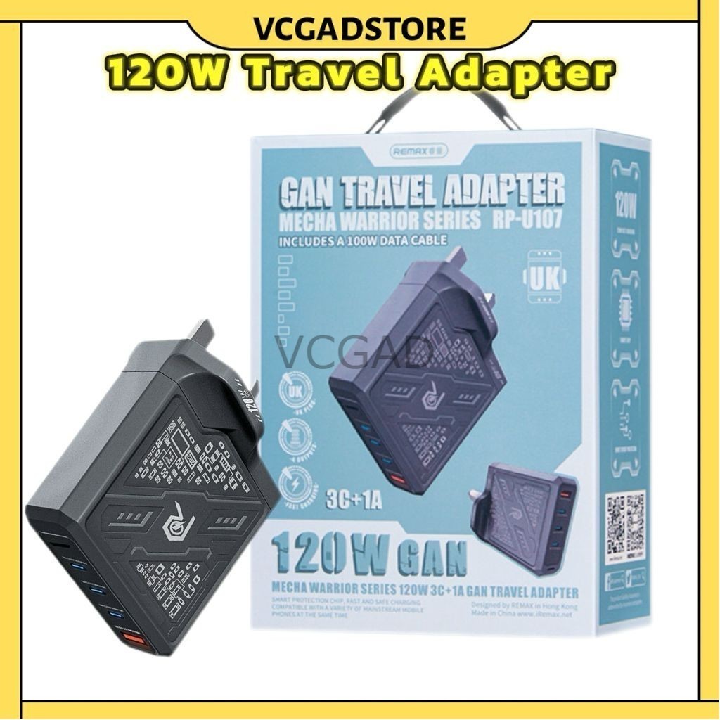 RMAX RP-U107 Mecha Warrior 120W Gan Grey Travel Adapter UK Plug 3 Type C เอาต์พุต USB