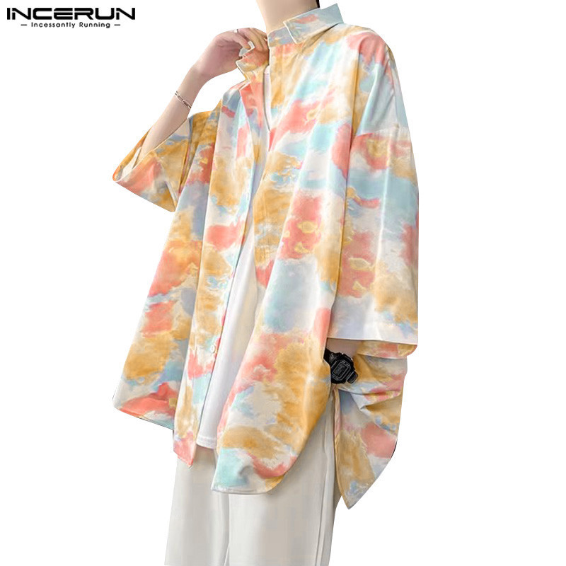 Incerun เสื้อเชิ้ตแขนสั้นผู้ชายแฟชั่นเกาหลี Dopamine Tie-Dye Gradient
