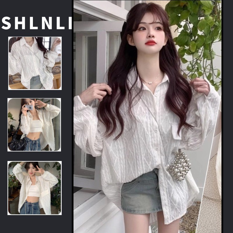 ฤดูใบไม้ผลิผู้หญิงสบายๆโครเชต์กลวงแขนยาวปกเสื้อเชิ้ตสีขาว