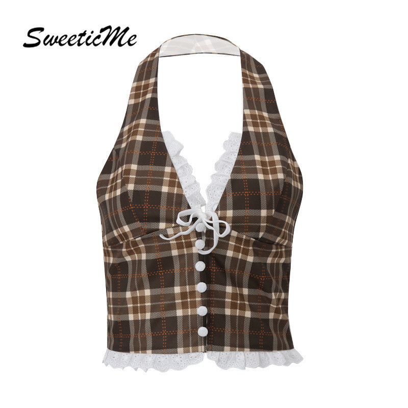 Sweeticme ผู้หญิง 2024 ใหม่แฟชั่นลายสก๊อตพิมพ์ Slim Fit เซ็กซี่ Halter Tank Tops Camisole