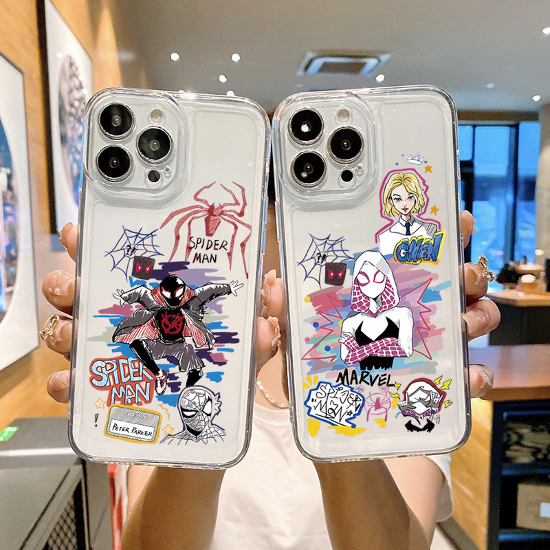 การ์ตูนซูเปอร์ฮีโร่ Spider-Man สําหรับ Samsung Galaxy S23 FE S24 S23 Ultra S22 S21 Plus S21 S20 FE หมายเหตุ 20 Ultra สีสัน Graffiti คู่นุ่มโปร่งใส Anti-Drop Cover